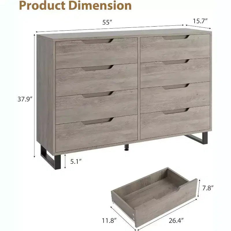 Commode 7 tiroirs pour chambre, Table à langer de 140 cm de large, Tiroir horizontal non intégré avec rangement, Placard en bois pour salon, couloir, entrée