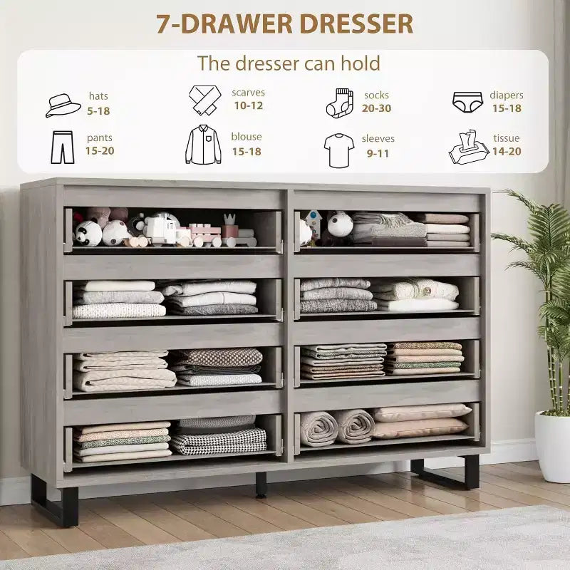 Commode 7 tiroirs pour chambre, Table à langer de 140 cm de large, Tiroir horizontal non intégré avec rangement, Placard en bois pour salon, couloir, entrée