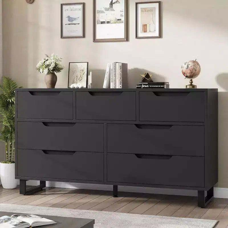 Commode 7 tiroirs pour chambre, Table à langer de 140 cm de large, Tiroir horizontal non intégré avec rangement, Placard en bois pour salon, couloir, entrée