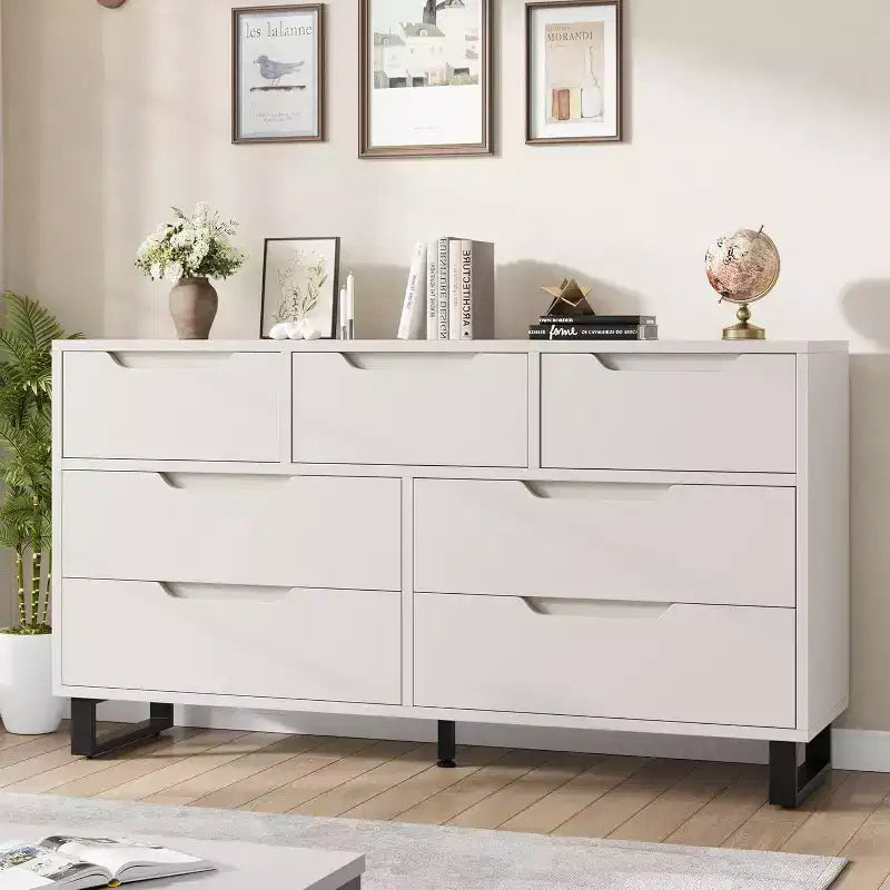 Commode 7 tiroirs pour chambre, Table à langer de 140 cm de large, Tiroir horizontal non intégré avec rangement, Placard en bois pour salon, couloir, entrée