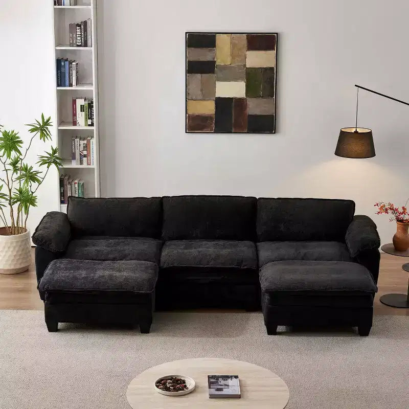 MAYEERTY Modern Luxury Sofa with Two Ottomans Soft Chenille Upholstered Sofa for Living Room Black