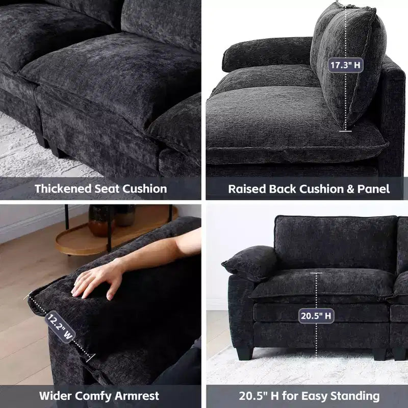 Canapé de luxe moderne avec deux poufs Canapé rembourré en chenille douce pour salon, noir