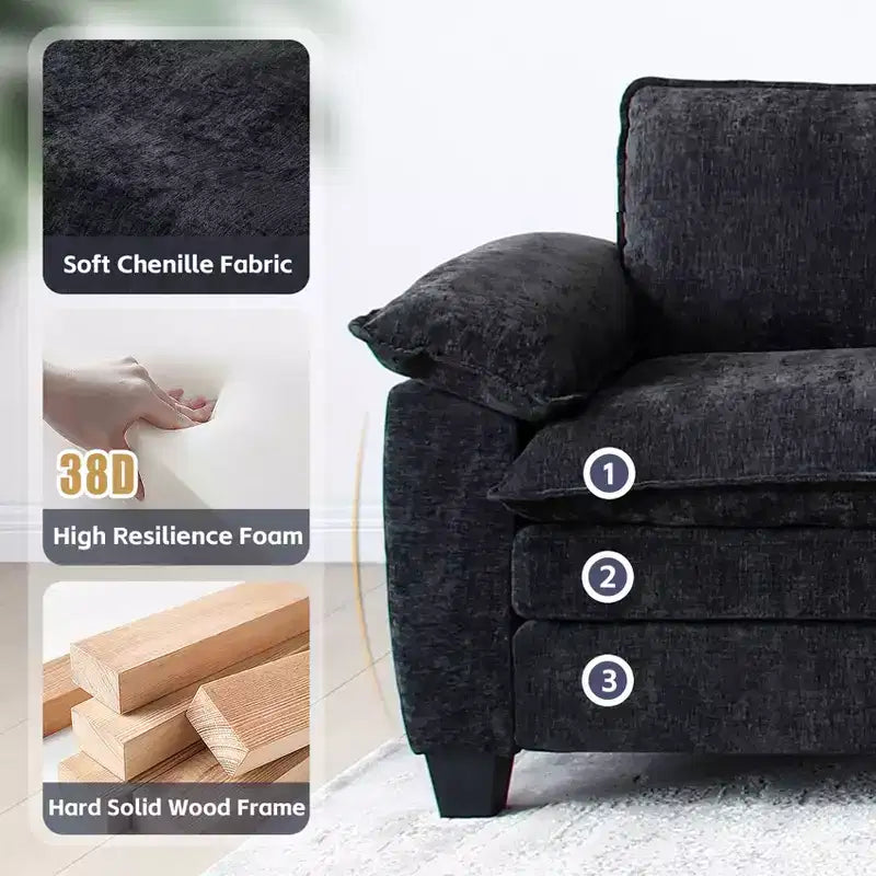 Canapé de luxe moderne avec deux poufs Canapé rembourré en chenille douce pour salon, noir
