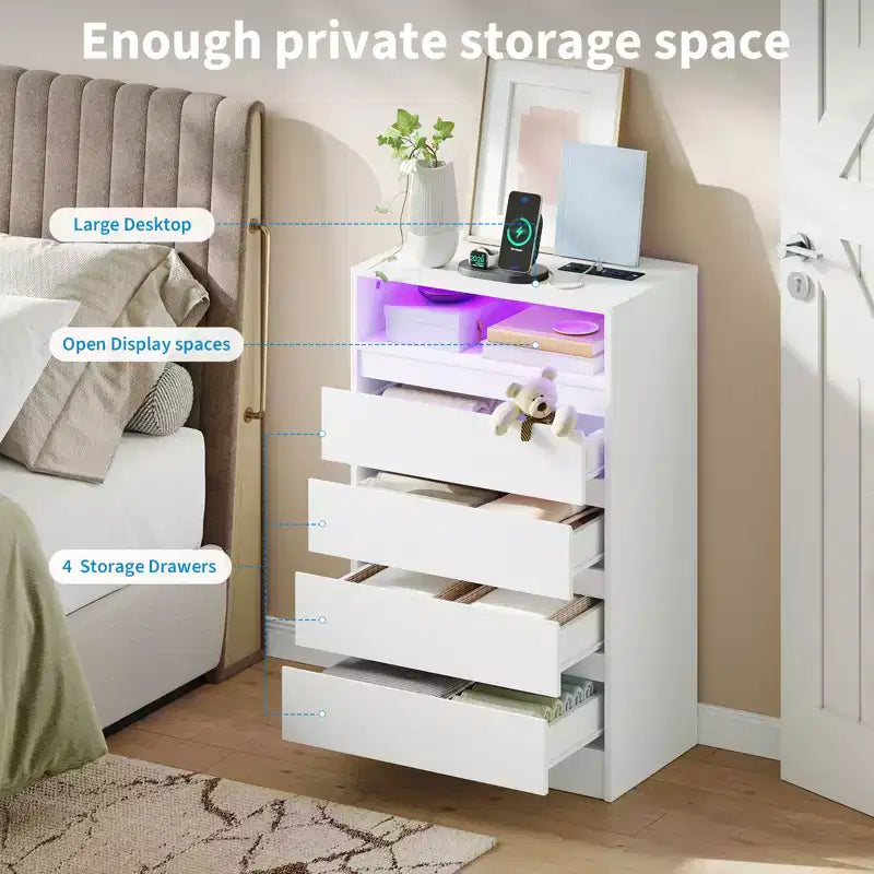 Commode blanche à 4 tiroirs avec dispositif anti-basculement mural, plateau robuste et tiroirs spacieux pour la chambre, le salon ou les petits espaces