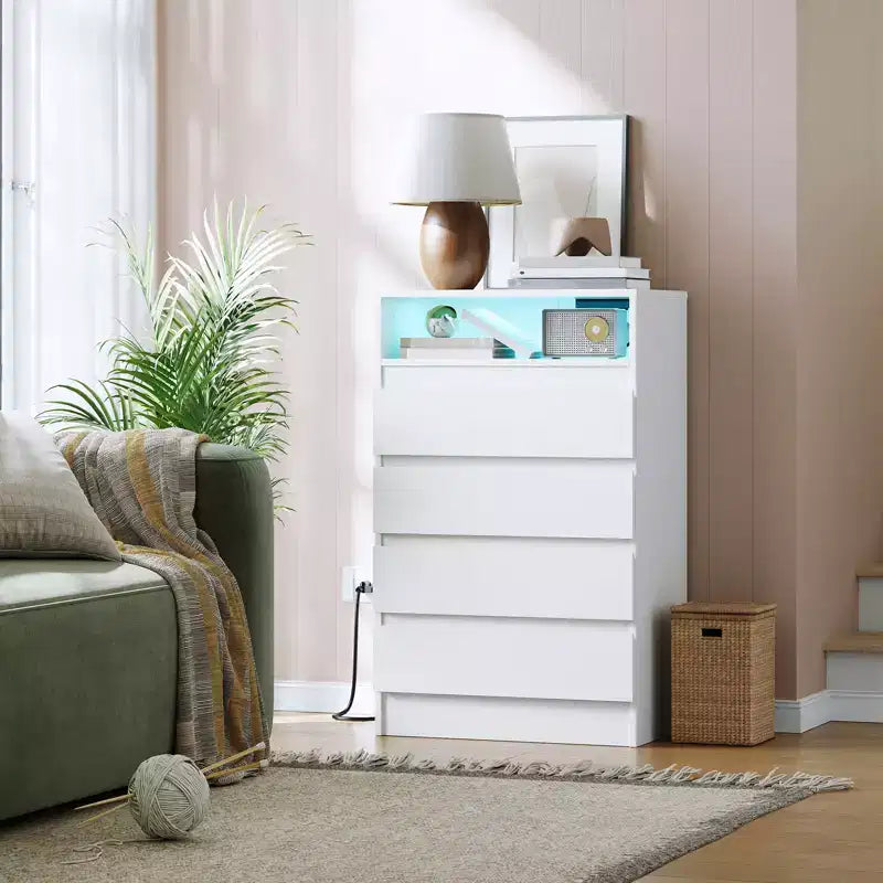 Commode blanche à 4 tiroirs avec dispositif anti-basculement mural, plateau robuste et tiroirs spacieux pour la chambre, le salon ou les petits espaces