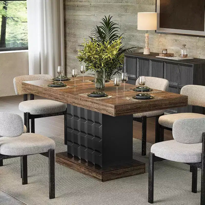 Lantine 63-Inch Modern Dining Table for 4-6, Rectangular Farmhouse Kitchen Table with Sturdy Wood Pedestal Base, Rustic Brown & Black