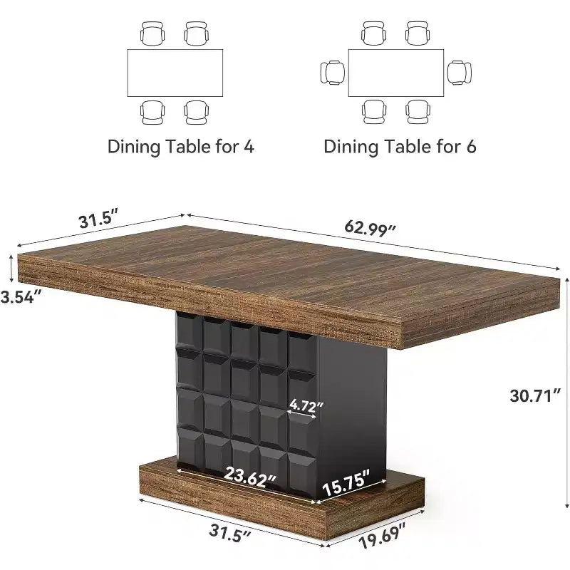 Table à manger moderne de 63 pouces pour 4 à 6 personnes, table de cuisine rectangulaire de style rustique avec base piédestal en bois robuste, marron rustique et noir