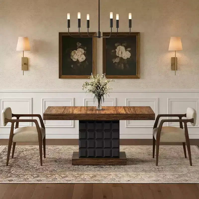 Table à manger moderne de 63 pouces pour 4 à 6 personnes, table de cuisine rectangulaire de style rustique avec base piédestal en bois robuste, marron rustique et noir