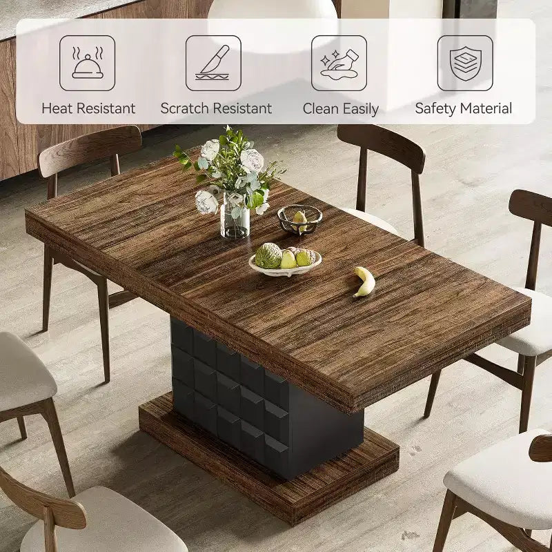 Table à manger moderne de 63 pouces pour 4 à 6 personnes, table de cuisine rectangulaire de style rustique avec base piédestal en bois robuste, marron rustique et noir