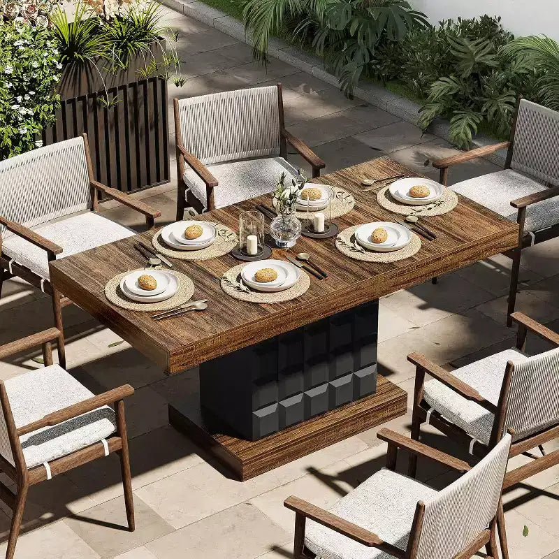 Table à manger moderne de 63 pouces pour 4 à 6 personnes, table de cuisine rectangulaire de style rustique avec base piédestal en bois robuste, marron rustique et noir