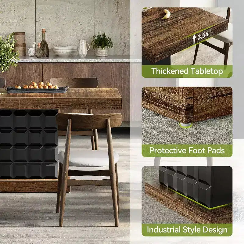 Table à manger moderne de 63 pouces pour 4 à 6 personnes, table de cuisine rectangulaire de style rustique avec base piédestal en bois robuste, marron rustique et noir