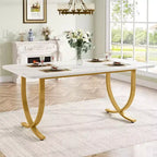 Table à manger rectangulaire de 160 cm pour 4 à 6 personnes, table de cuisine moderne avec plateau en faux marbre et pieds en métal pour salle à manger, cuisine, blanc et or