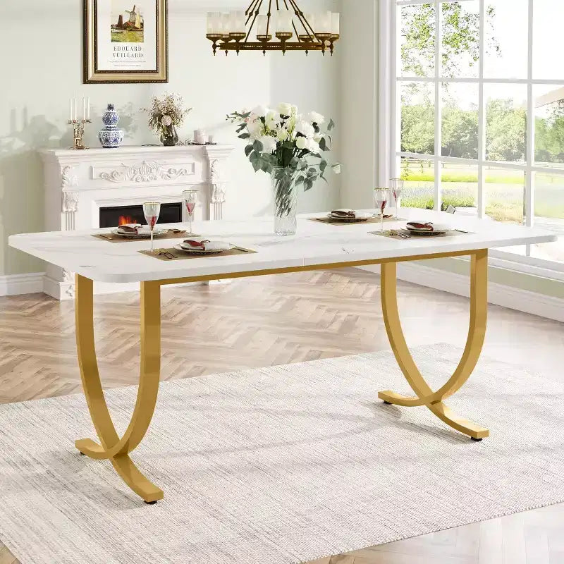Table à manger rectangulaire de 160 cm pour 4 à 6 personnes, table de cuisine moderne avec plateau en faux marbre et pieds en métal pour salle à manger, cuisine, blanc et or
