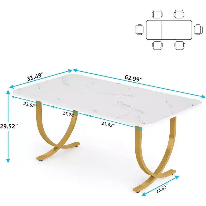 Table à manger rectangulaire de 160 cm pour 4 à 6 personnes, table de cuisine moderne avec plateau en faux marbre et pieds en métal pour salle à manger, cuisine, blanc et or