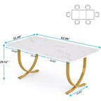 Table à manger rectangulaire de 160 cm pour 4 à 6 personnes, table de cuisine moderne avec plateau en faux marbre et pieds en métal pour salle à manger, cuisine, blanc et or