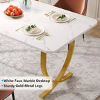 Table à manger rectangulaire de 160 cm pour 4 à 6 personnes, table de cuisine moderne avec plateau en faux marbre et pieds en métal pour salle à manger, cuisine, blanc et or