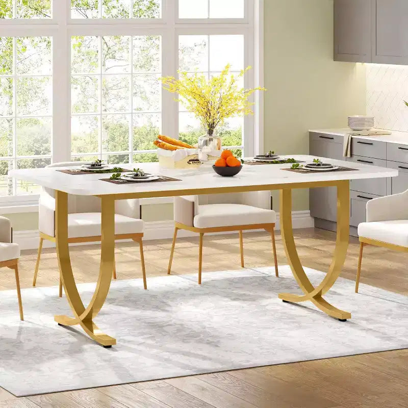 Table à manger rectangulaire de 160 cm pour 4 à 6 personnes, table de cuisine moderne avec plateau en faux marbre et pieds en métal pour salle à manger, cuisine, blanc et or