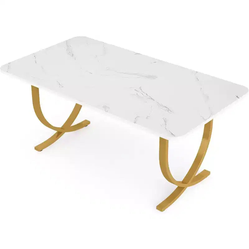 Table à manger rectangulaire de 160 cm pour 4 à 6 personnes, table de cuisine moderne avec plateau en faux marbre et pieds en métal pour salle à manger, cuisine, blanc et or