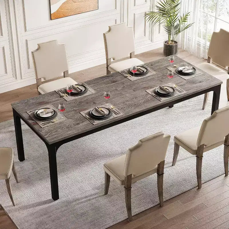 Table de salle à manger de 78 pouces pour 8 personnes, Table de cuisine rustique rectangulaire longue et étroite pour salle à manger, Gris et Noir