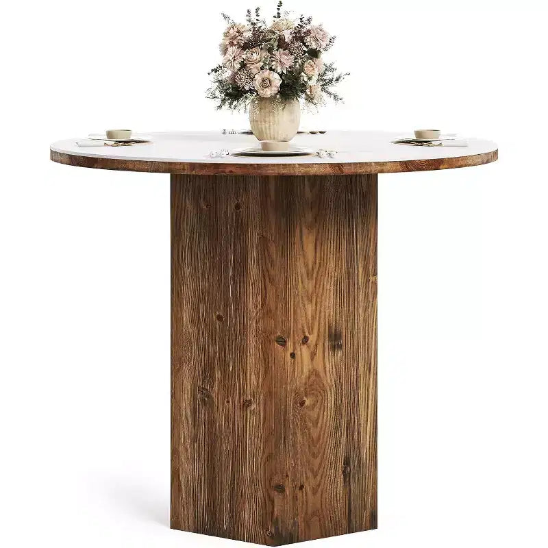 Lantine 31.5-Inch Round Dining Table for 2-3, Kitchen Bistro Table with Sintered Stone Top for Dining Room, Living Room, White & Brown