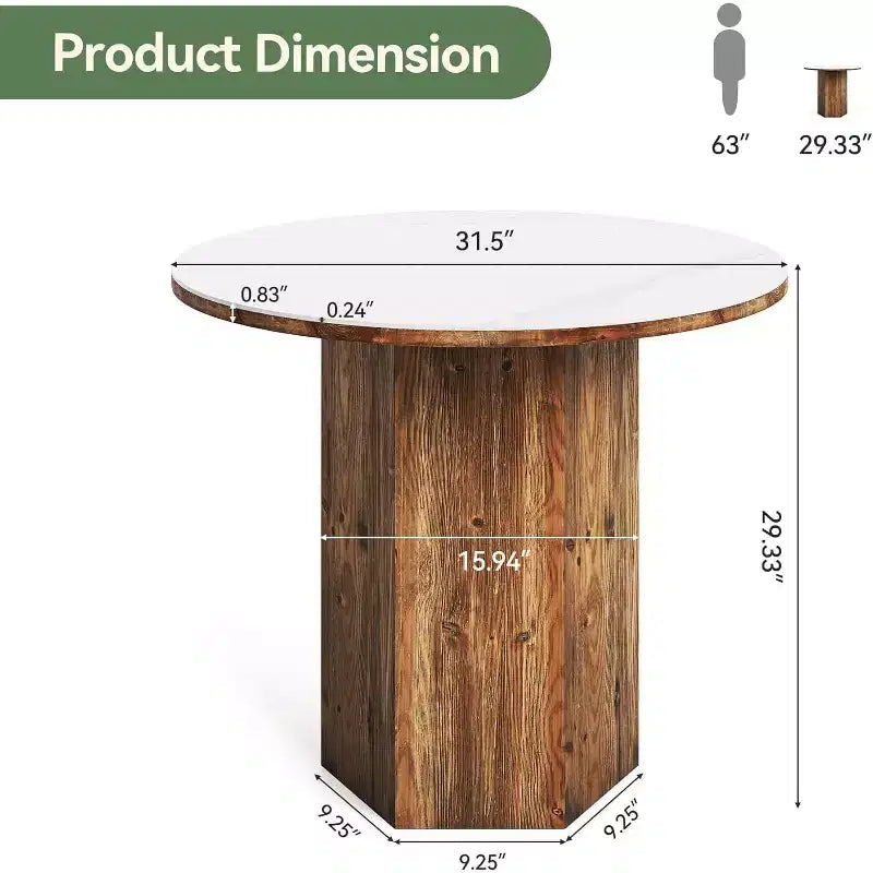 Table à manger ronde de 31,5 pouces pour 2-3 personnes, table de bistrot de cuisine avec plateau en pierre frittée pour salle à manger, salon, blanc et marron