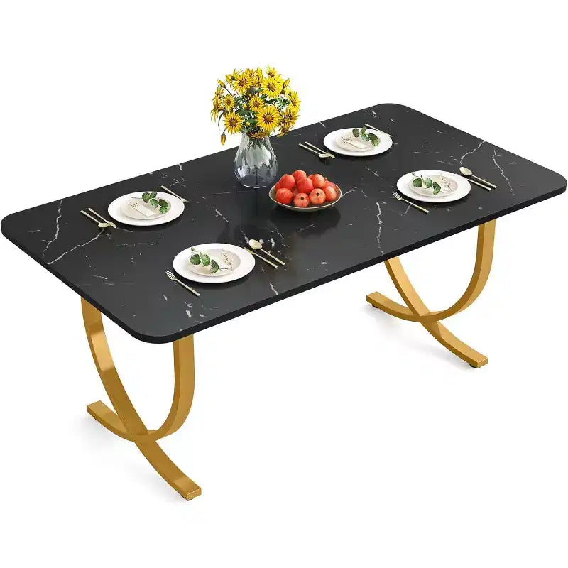 Table à manger rectangulaire de 160 cm pour 4 personnes, table de cuisine moderne avec plateau en faux marbre et pieds en métal pour salle à manger, cuisine, noir et or