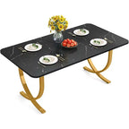 Table à manger rectangulaire de 160 cm pour 4 personnes, table de cuisine moderne avec plateau en faux marbre et pieds en métal pour salle à manger, cuisine, noir et or