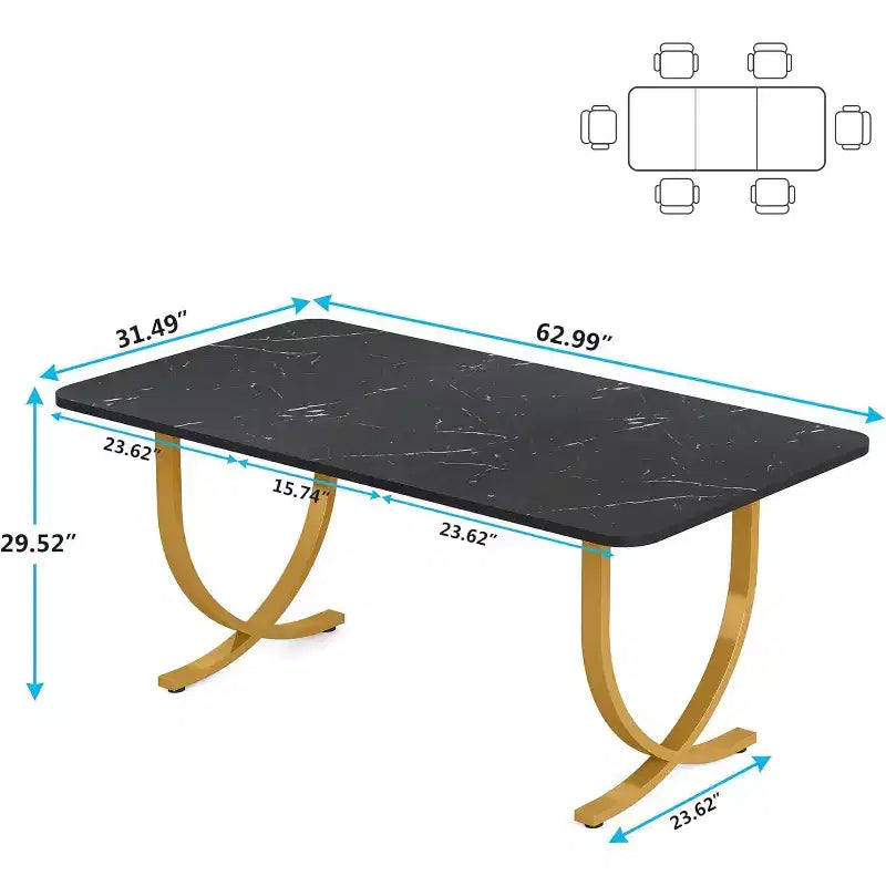 Table à manger rectangulaire de 160 cm pour 4 personnes, table de cuisine moderne avec plateau en faux marbre et pieds en métal pour salle à manger, cuisine, noir et or