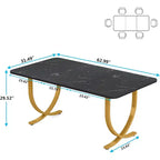 Table à manger rectangulaire de 160 cm pour 4 personnes, table de cuisine moderne avec plateau en faux marbre et pieds en métal pour salle à manger, cuisine, noir et or