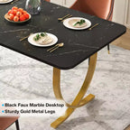 Table à manger rectangulaire de 160 cm pour 4 personnes, table de cuisine moderne avec plateau en faux marbre et pieds en métal pour salle à manger, cuisine, noir et or