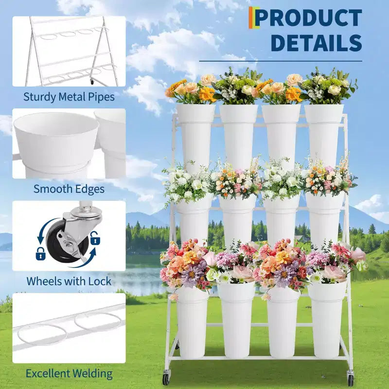 Présentoir à Fleurs, Chariot à Fleurs à 3 Niveaux avec 12 Seaux Ronds et Roues, Présentoir Mobile pour Fleurs