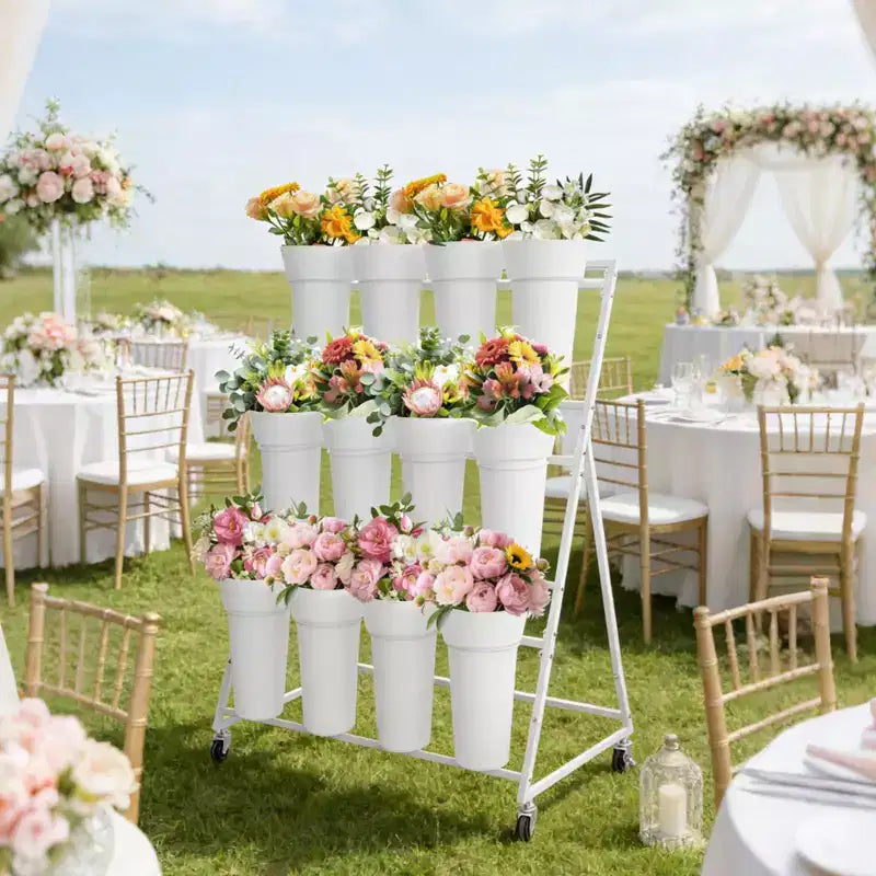 Présentoir à Fleurs, Chariot à Fleurs à 3 Niveaux avec 12 Seaux Ronds et Roues, Présentoir Mobile pour Fleurs