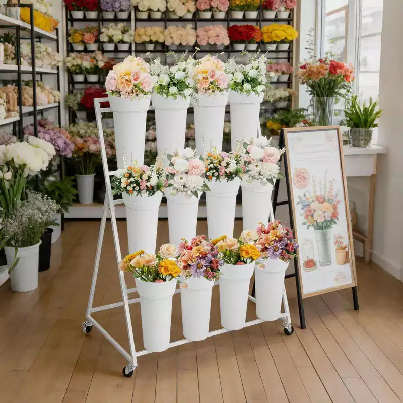 Présentoir à Fleurs, Chariot à Fleurs à 3 Niveaux avec 12 Seaux Ronds et Roues, Présentoir Mobile pour Fleurs