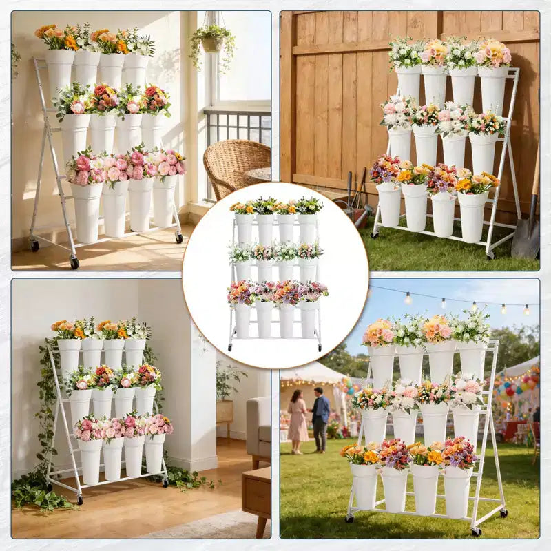 Présentoir à Fleurs, Chariot à Fleurs à 3 Niveaux avec 12 Seaux Ronds et Roues, Présentoir Mobile pour Fleurs