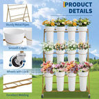 Présentoir à Fleurs, Chariot à Fleurs à 3 Niveaux avec 12 Seaux Ronds et Roues, Présentoir Mobile pour Fleurs
