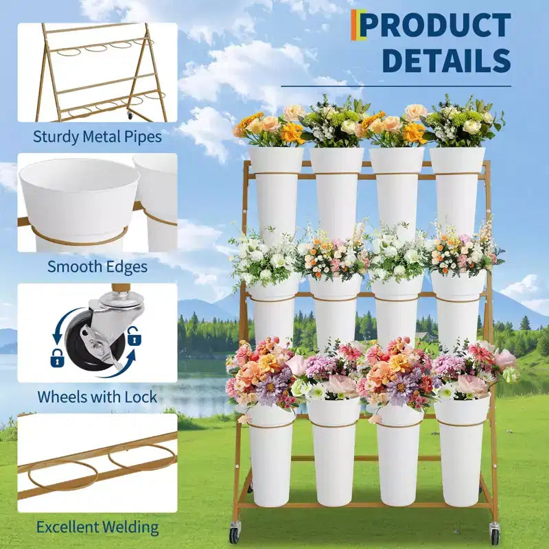 Présentoir à Fleurs, Chariot à Fleurs à 3 Niveaux avec 12 Seaux Ronds et Roues, Présentoir Mobile pour Fleurs