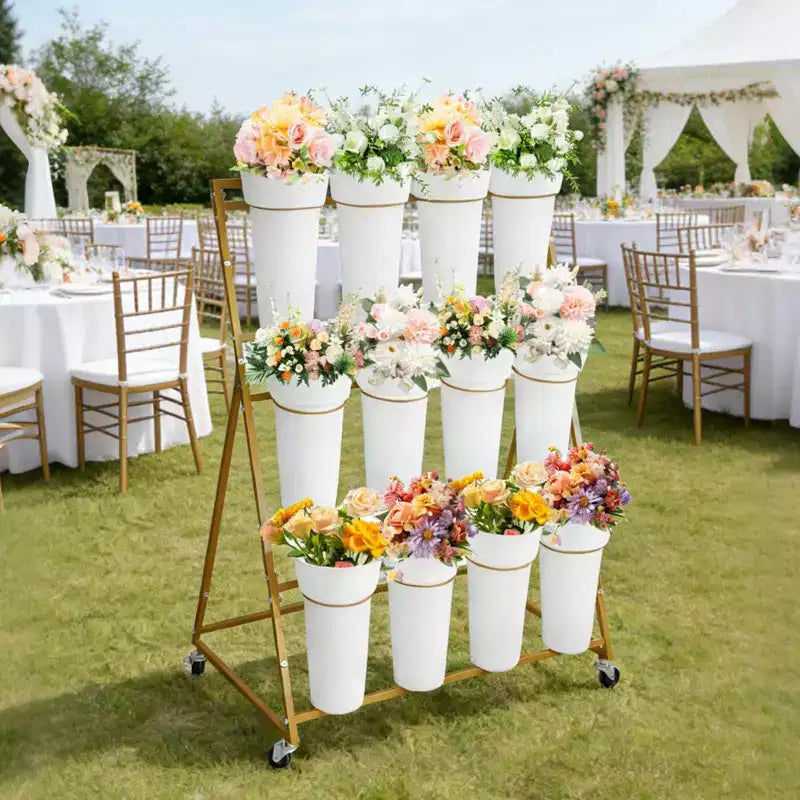 Présentoir à Fleurs, Chariot à Fleurs à 3 Niveaux avec 12 Seaux Ronds et Roues, Présentoir Mobile pour Fleurs