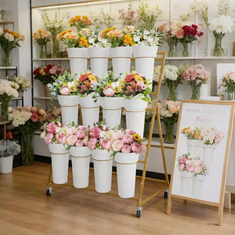 Présentoir à Fleurs, Chariot à Fleurs à 3 Niveaux avec 12 Seaux Ronds et Roues, Présentoir Mobile pour Fleurs