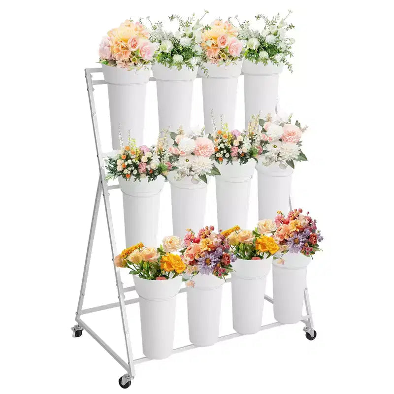 Présentoir à Fleurs, Chariot à Fleurs à 3 Niveaux avec 12 Seaux Ronds et Roues, Présentoir Mobile pour Fleurs
