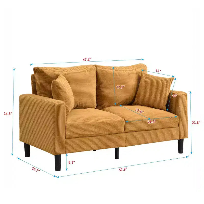 Canapé 2 places en velours côtelé haute résilience de 147 cm avec 2 oreillers décoratifs pour salon, chambre à coucher, appartement