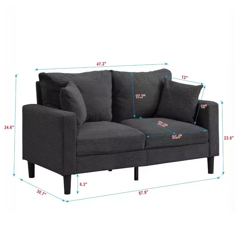 Canapé 2 places en velours côtelé haute résilience de 147 cm avec 2 oreillers décoratifs pour salon, chambre à coucher, appartement