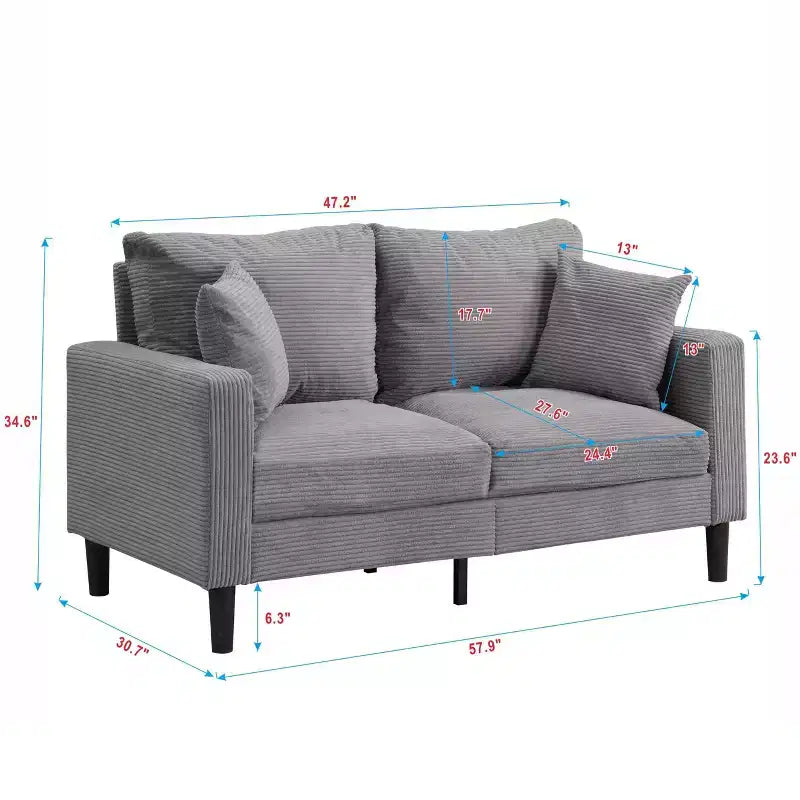 Canapé 2 places en velours côtelé haute résilience de 147 cm avec 2 oreillers décoratifs pour salon, chambre à coucher, appartement