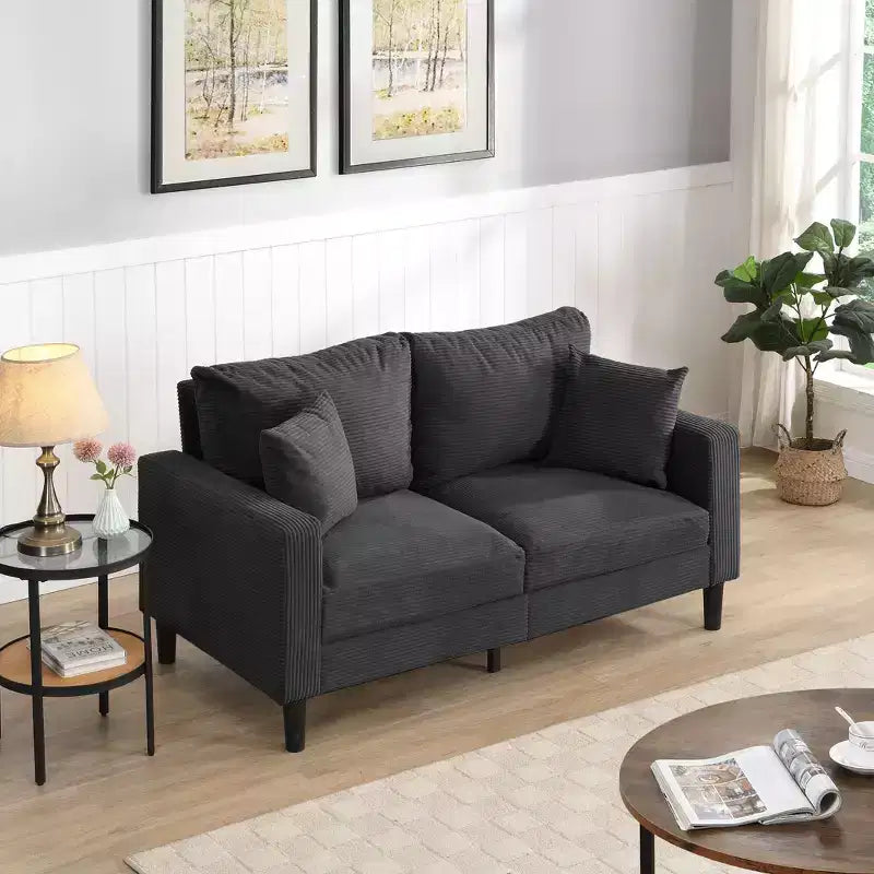 Canapé 2 places en velours côtelé haute résilience de 147 cm avec 2 oreillers décoratifs pour salon, chambre à coucher, appartement