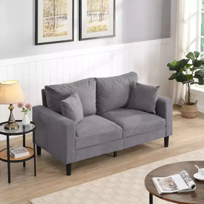 Canapé 2 places en velours côtelé haute résilience de 147 cm avec 2 oreillers décoratifs pour salon, chambre à coucher, appartement