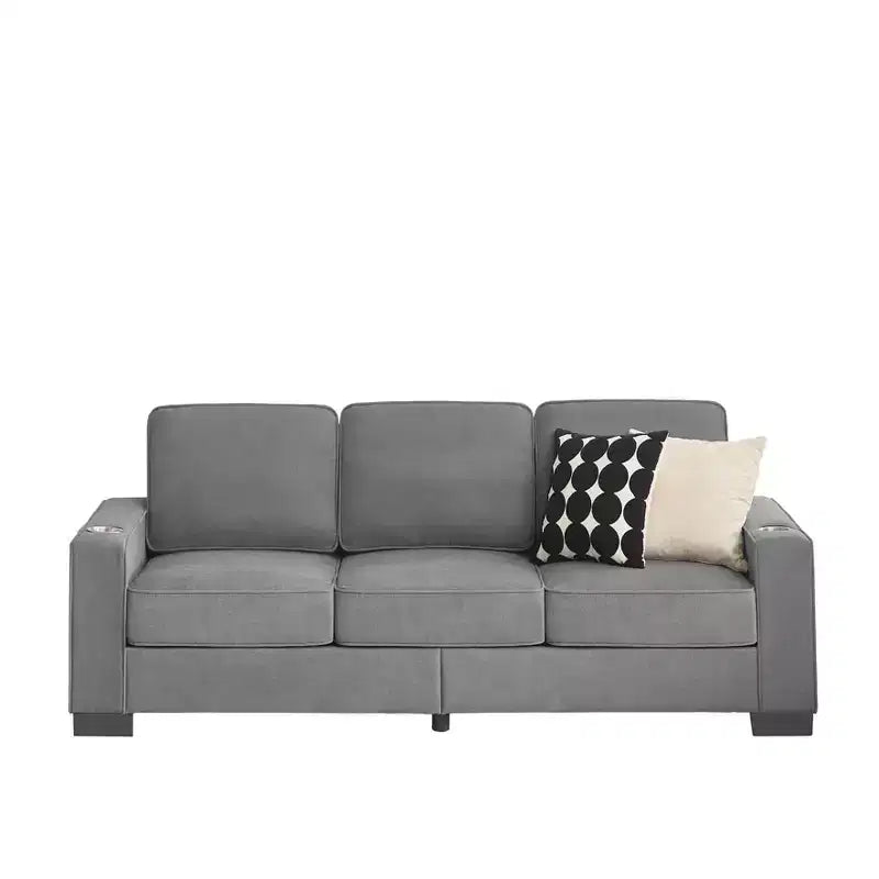 Canapé moderne en tissu d'agneau de 83,86 pouces, canapé 3 places avec 2 porte-gobelets pour salon, chambre, bureau, appartement
