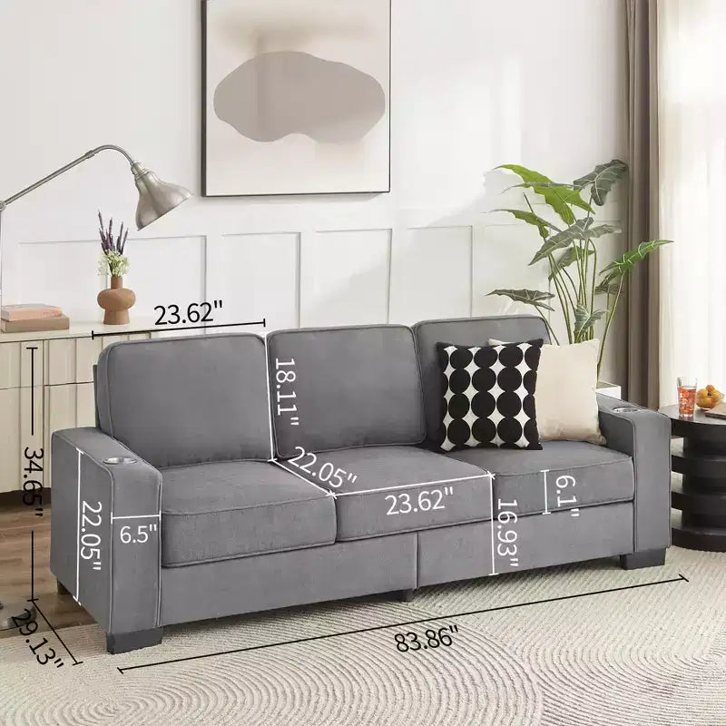 Canapé moderne en tissu d'agneau de 83,86 pouces, canapé 3 places avec 2 porte-gobelets pour salon, chambre, bureau, appartement