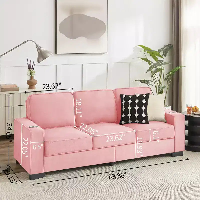 Canapé moderne en tissu d'agneau de 83,86 pouces, canapé 3 places avec 2 porte-gobelets pour salon, chambre, bureau, appartement
