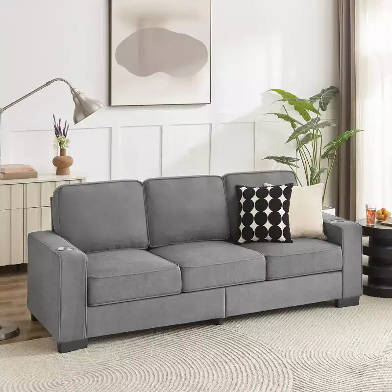 Canapé moderne en tissu d'agneau de 83,86 pouces, canapé 3 places avec 2 porte-gobelets pour salon, chambre, bureau, appartement