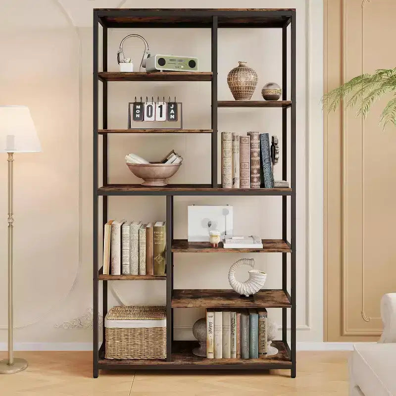 Bibliothèque de 200 cm de haut à 8 niveaux, étagères ouvertes autoportantes de style vintage pour salon, bureau à domicile, marron rustique