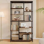 Bibliothèque de 200 cm de haut à 8 niveaux, étagères ouvertes autoportantes de style vintage pour salon, bureau à domicile, marron rustique